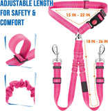 KUTKUT Double Dog Seat Belt, Dual Pet Car Headrest Restraint Safety Seatbelt No Tangle Dog Leash Duty Adjust Elastic Bungee Lead Splitter Connect Harness in Vehicle Travel for 2 Dogs (Pink)