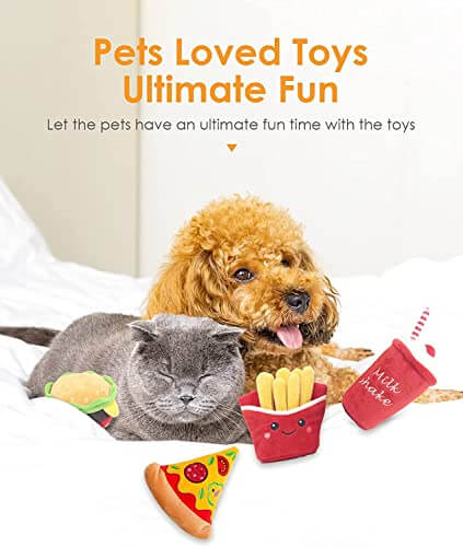 KUTKUT 2 Pack Squeaky Dog Toys, Non-Toxic and Safe Chew Toys for Puppy with Funny Food Cola Hamburger Shape, Durable Interactive Crinkle Plush Dog Toy for Small, Medium Dogs - kutkutstyle