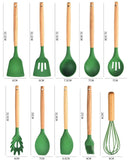 EZYHOME 12Pcs Silicone Cooking Kitchen Utensils Set with Holder, Wooden Handles BPA Free Non Toxic Silicone Turner Tongs Spatula Spoon Kitchen Gadgets Utensil Set for Nonstick Cookware (Green)