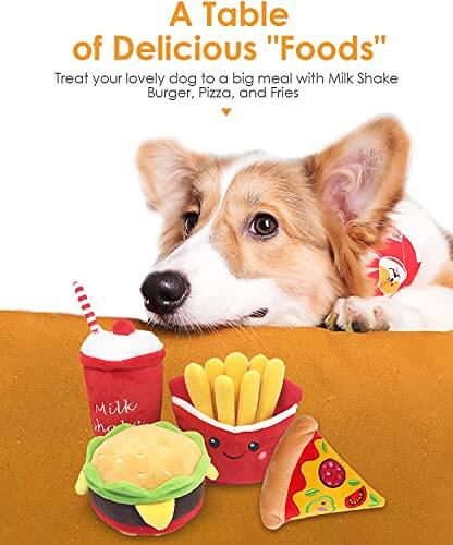 KUTKUT 2 Pack Squeaky Dog Toys, Non-Toxic and Safe Chew Toys for Puppy with Funny Food Fries Hamburger Shape, Durable Interactive Crinkle Plush Dog Toy for Small, Medium Dogs - kutkutstyle