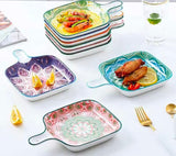 EZYHOME Non-Slip Baking Tray with Handle Square Plate Family Dish Plate Underglaze Porcelain Salad Plate with Handle, Platter for Pasta, Maggi, Noodles, Manchurian, Dessert, Ice Cream etc