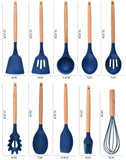 EZYHOME 12Pcs Silicone Cooking Kitchen Utensils Set with Holder,Wooden Handles Cooking Tool,BPA Free,Non Toxic Turner Tongs Spatula Spoon Kitchen Gadgets Set for Nonstick Cookware (Blue)