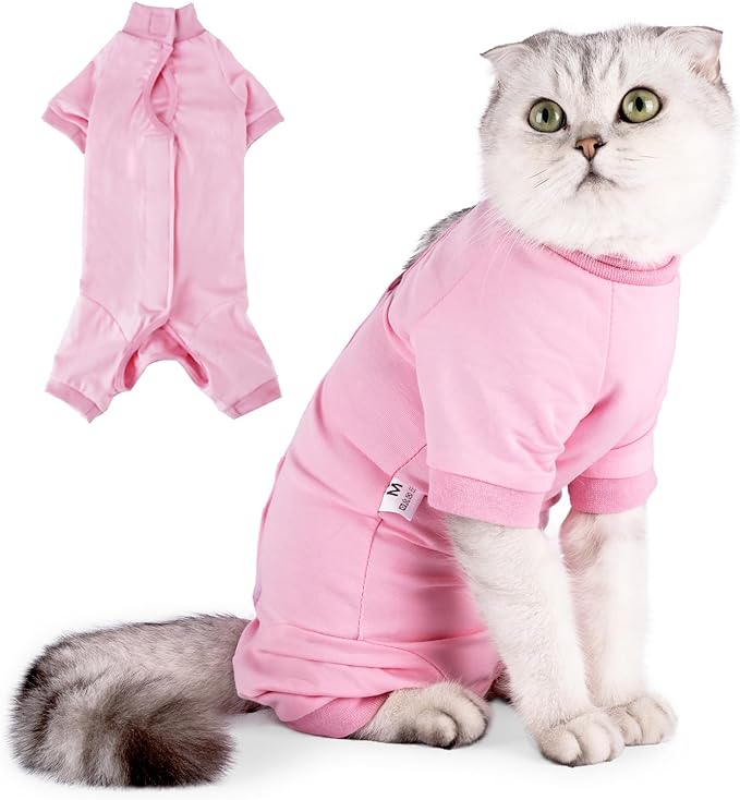 KUTKUT Cats Recovery Suit, Kitten Recovery Onesie Female Cats Abdominal Wounds Bandages Cone E-Collar Alternative After Surgery, Cat Spay Bodysuit for Male Female Cats (Pink)