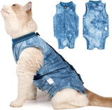 KUTKUT Cat Recovery Suit for Male & Female Surgical Post Surgery Onesie Tie Dye Cats Clothes Neuter Licking Protective Diapers Outfit Cover Kitten Spay Collar Alternative (BLUE)