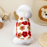 KUTKUT Winter Small Dog Cat Floral Sleeveless Vest Soft Warm Coral Fleece Double Layer Cozy Soft Button Open Sweater Small Doggie Outfit for Maltese, ToyPoodle, Toypom (Red Floral)