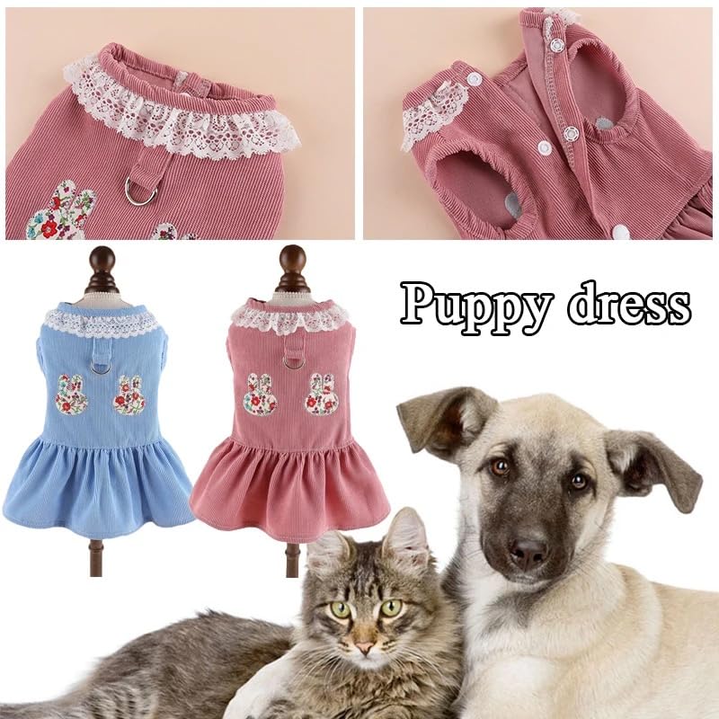 KUTKUT 2Pcs Small Dog Cat Harness Dress with D Ring Rabbit Patch Lace Princess Puppy Dress Skirt Thick Corduroy Holiday Pet Clothes Dresses for Yorkii,Maltese, Bichon - kutkutstyle