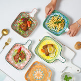 EZYHOME Design Ceramic Bohemian Baking Plate with Handle Square Plate Family Dish Plate Salad Plate with Handle, Platter for Pasta, Maggi, Noodles, Manchurian, Dessert, Ice Cream