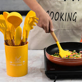 EZYHOME Silicone Cooking Utensils Set, 12-Piece Heat Resistant Kitchen Utensils Set with Wooden Handle for Nonstick Cookware, Kitchen Nonstick Tools Spatula Whisk Tongs Ladle, Non-Toxic & Healthy (Yellow)