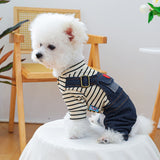 KUTKUT Small Dog Outfits Denim Dogs Overalls Classic Stripe Shirts Bib Pants for Cats Cool Dog Clothes Doggie Jean Jumpsuit Onesie Puppy T-Shirt Apparel with Pocket.