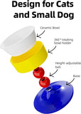 KUTKUT Ceramic Elevated Raised Cat & Small Dogs Bowl, Cat Food Dish with Stand, 3 Height Adjustable Raised Dog Bowl Stand for Small Dogs Cats,Adjusts to 4.69",5.98",7.28"(Capacity:350ml, Blue Yellow)