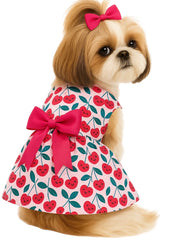 KUTKUT Small Dog Cat Girl Dress, Cherry Princess Breathable Frock for Small Dogs Cat Girl Puppy Kitten, Ribbon Bow Skirt Dress for ToyPom, Maltese, Yorkii, Papillon