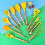 EZYHOME Silicone Cooking Utensils Set, 12-Piece Heat Resistant Kitchen Utensils Set with Wooden Handle for Nonstick Cookware, Kitchen Nonstick Tools Spatula Whisk Tongs Ladle, Non-Toxic & Healthy (Yellow)