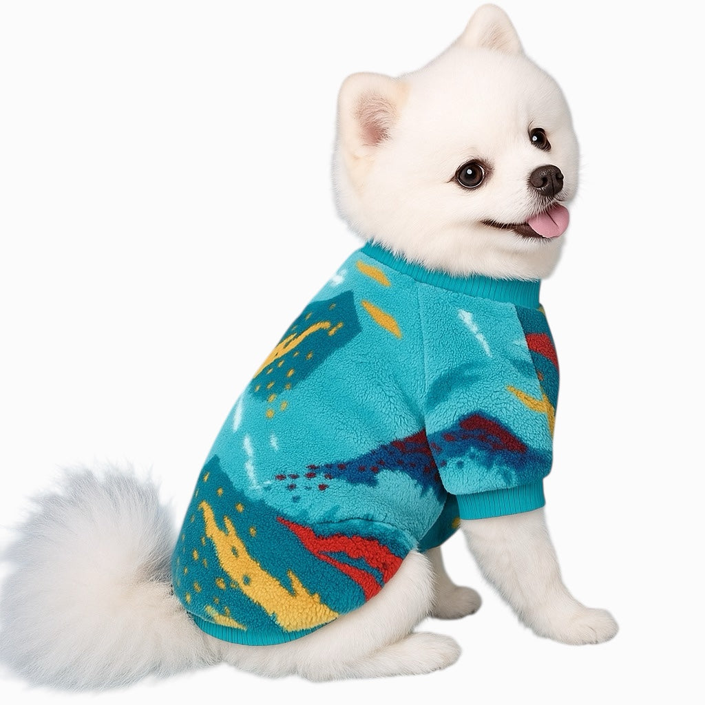 KUTKUT Small Puppy Dog Cat Warm Sweater, Nature Pattern Breathable Round Neck Flannel Fleece Sweater, Winter Shirt for Yorkii, Maltese, Mini Pom Puppy Cats (Turquoise)