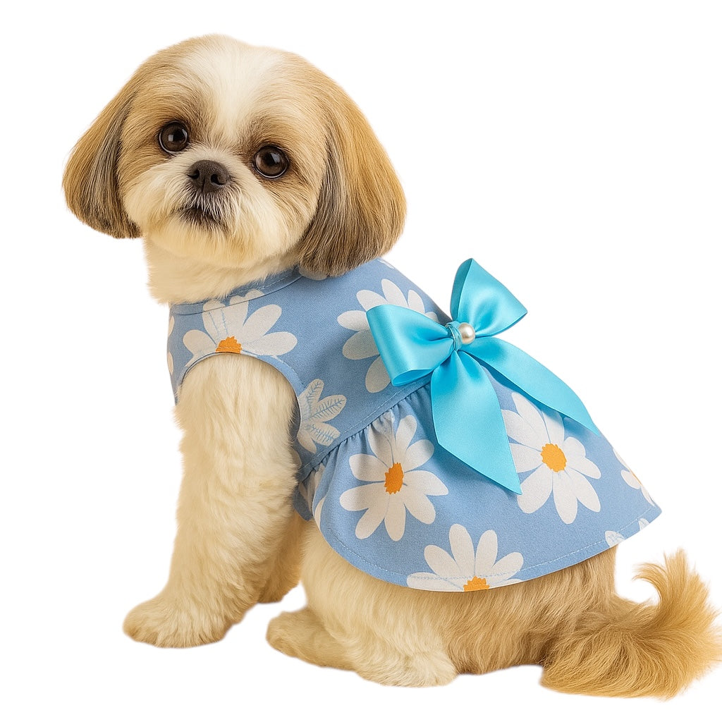 KUTKUT Small Girl Dog & Cat Flower Pattern Dress with Lovely Bow Pet Apparel | Puppy Dress Birthday Pet Apparel Dress | Frock Dress For ShihTzu, Poodle etc