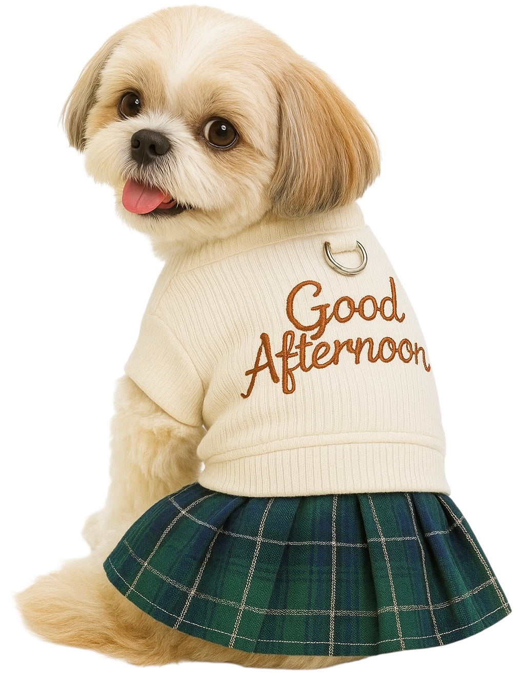 KUTKUT Small Dog Harness Dress with D Ring, Pleated Plaid Embroidered Good Afternoon Skirt Dress For Spring Autumn Cat Dog Clothes for ShihTzu Puppy, Yorkii, Maltese