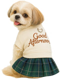 KUTKUT Small Dog Harness Dress with D Ring, Pleated Plaid Embroidered Good Afternoon Skirt Dress For Spring Autumn Cat Dog Clothes for ShihTzu Puppy, Yorkii, Maltese