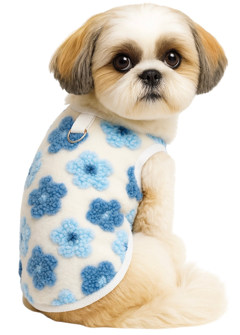 KUTKUT Dog Sleeveless Sweater with D-Ring for Small Puppy & Cats, Winter Puppy Floral Sweater Shirt Cold Weather Plush Warm Doggie Outfit for Maltese, ToyPoodle, Toypom  (Blue Floral)