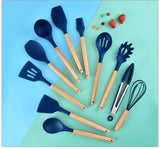 EZYHOME 12Pcs Silicone Cooking Kitchen Utensils Set with Holder,Wooden Handles Cooking Tool,BPA Free,Non Toxic Turner Tongs Spatula Spoon Kitchen Gadgets Set for Nonstick Cookware (Blue)