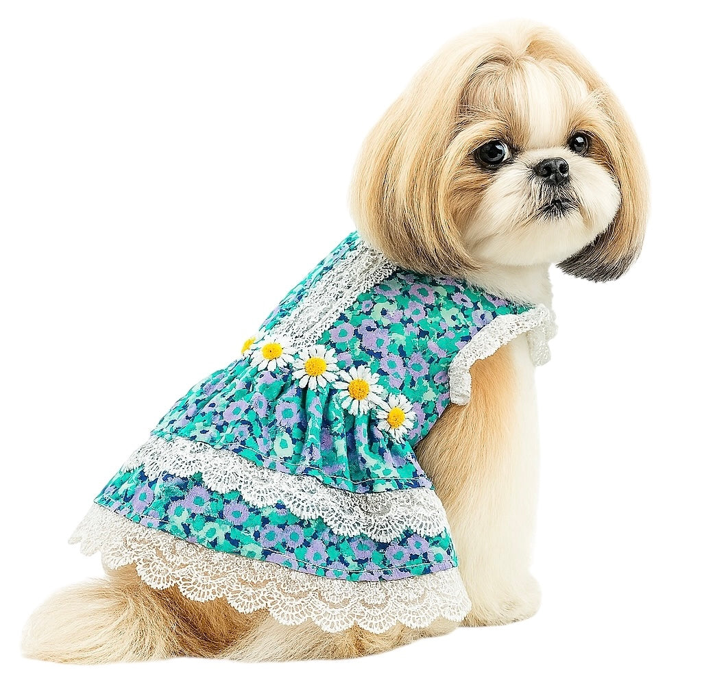 KUTKUT Flowers Decor Eelgant Lace Princess Dress for Small Dogs | Cute Summer Skirt Dress for ShishTzu, Bichon, Maltese etc  ( Green )