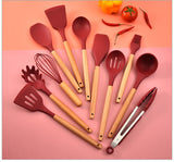 EZYHOME 12Pcs Silicone Cooking Utensils Kitchen Utensil Set - 446°F Heat Resistant, Turner Tongs, Spatula, Spoon, Whisk, Wooden Handle Kitchen Gadgets with Holder for Nonstick Cookware (Red)