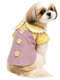 KUTKUT Dog Lace Collar Dress with Sunflower Button Decore, Small Dog Cat Female Checkered Shirt Dress with Puff Sleeves for Yorkii, Maltese etc