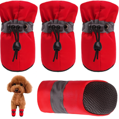 KUTKUT Dog Boots Paw Protector | Pack of 4pcs Anti-Slip Dog Shoes with Reflective Straps for Small Breed Dogs (Red)