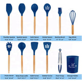 EZYHOME 12Pcs Silicone Cooking Kitchen Utensils Set with Holder,Wooden Handles Cooking Tool,BPA Free,Non Toxic Turner Tongs Spatula Spoon Kitchen Gadgets Set for Nonstick Cookware (Blue)