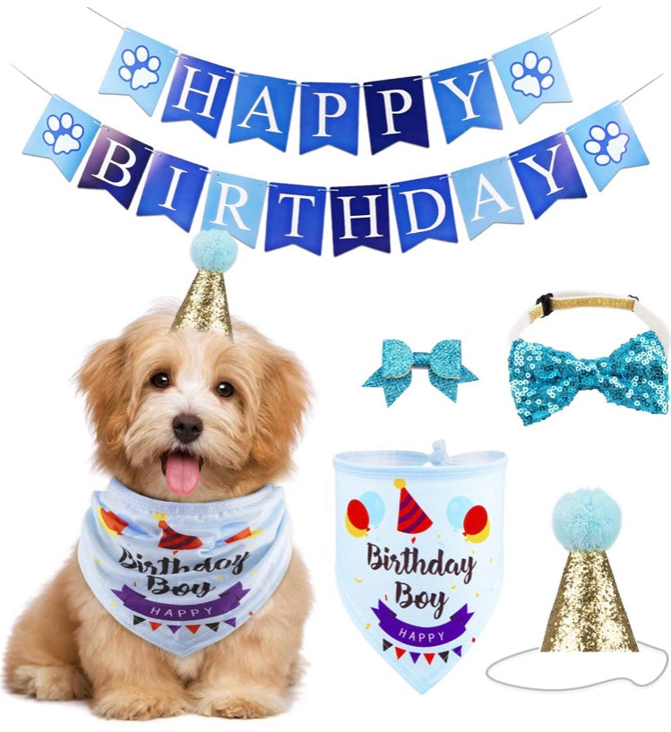 KUTKUT Dog Boy Birthday Bandana Hat Banner Set Cute Bow Tie Scarf Birthday Party Supplies Decorations