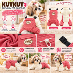 KUTKUT 2-in-1 Pet Jumpsuit Overall with Built in Leash Ring, Small Dog Cat Vintage Bib Pants, Snap Button Party Dog Clothes All-in-One Jumpsuit for Maltese, Pekingese ( Reddish )