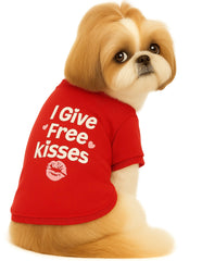 KUTKUT Small Dog & Cat Cotton T Shirt |Breathable I Give Free Kisses Printed Half Sleeves Tee Shirt for Small Dogs Shihtzu, Papillon, Pekingese,Cats(Red, Size:L, Chest Girth:45cm, Back Length:35cm)