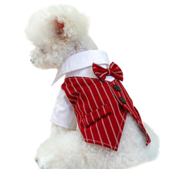 KUTKUT Striped Small Dog Cat Tuxedo Shirt Formal Suit Bow Tie Costume Stylish Pet Wedding Shirts Dog Prince Wedding Bow Tie Shirt Gentleman Apparel Clothes for Dogs Cats