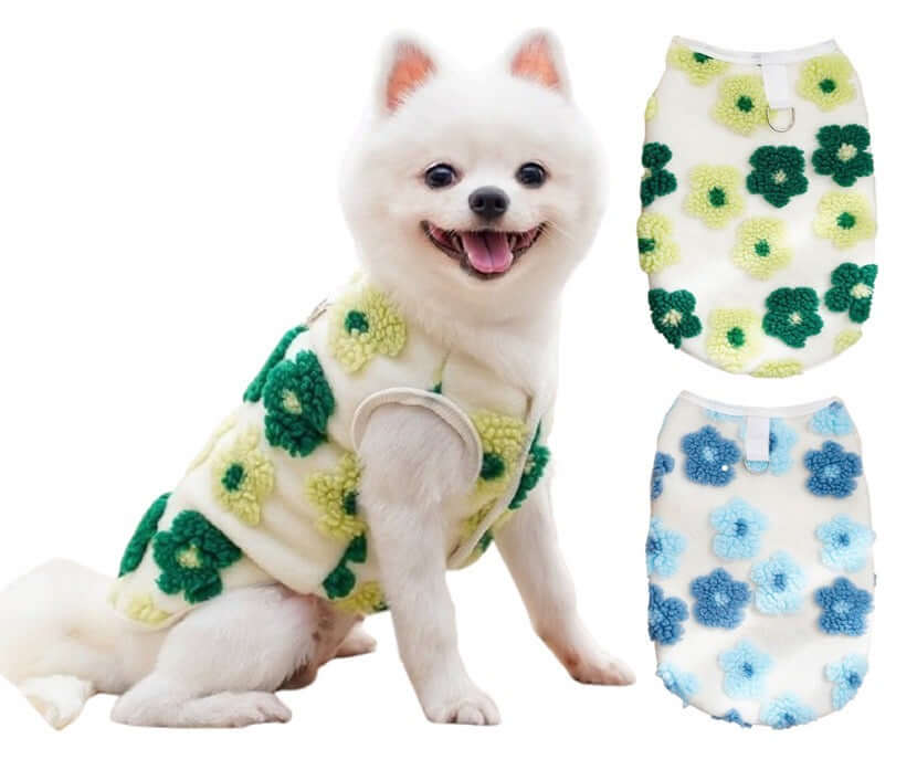 KUTKUT 2Pcs Winter Small Dog Cat Flower Sleeveless Vest Soft Warm Coral Fleece Double Layer Cozy Soft Button Open Sweater Small Doggie Outfit for Maltese, ToyPoodle, Toypom