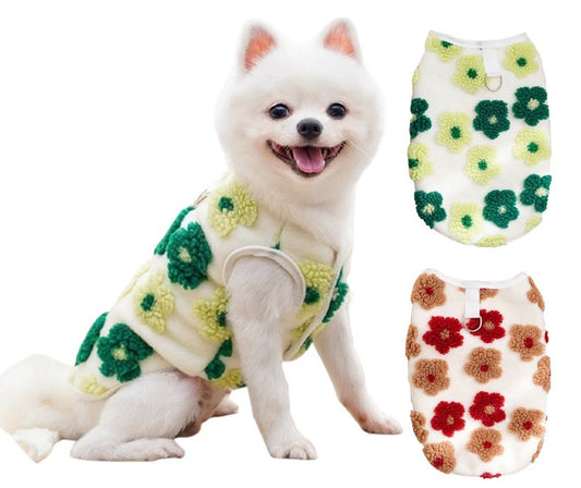 KUTKUT 2Pcs Small Dog Cat Flower Sleeveless Winter Vest Soft Warm Coral Fleece Double Layer Cozy Soft Button Open Sweater Small Doggie Outfit for Maltese, ToyPoodle, Toypom