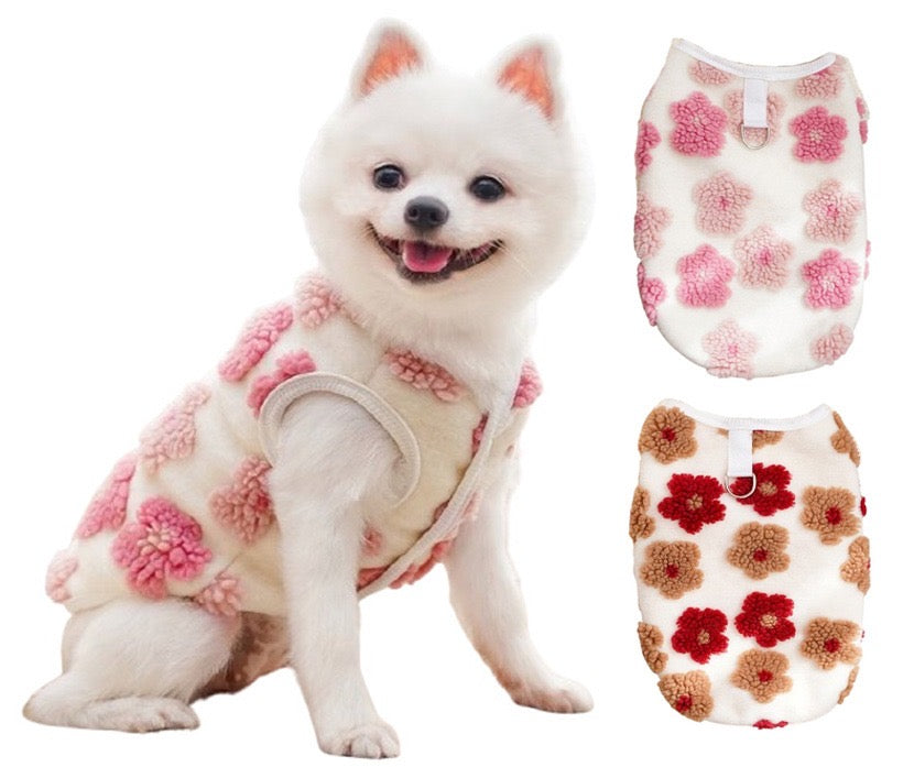 KUTKUT 2Pcs Small Dog Cat Flower Sleeveless Winter Vest Soft Warm Coral Fleece Double Layer Cozy Soft Button Open Sweater Small Doggie Outfit for Maltese, ToyPoodle, Toypom (Copy)