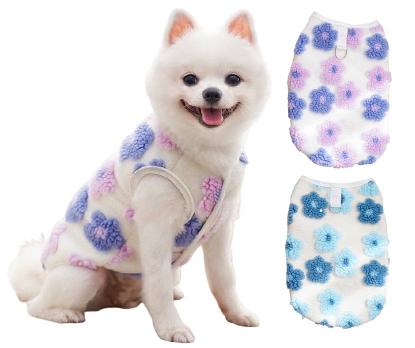 KUTKUT 2Pcs Small Dog Cat Flower Sleeveless Winter Vest Soft Warm Coral Fleece Double Layer Cozy Soft Button Open Sweater Small Doggie Outfit for Maltese, ToyPoodle, Toypom