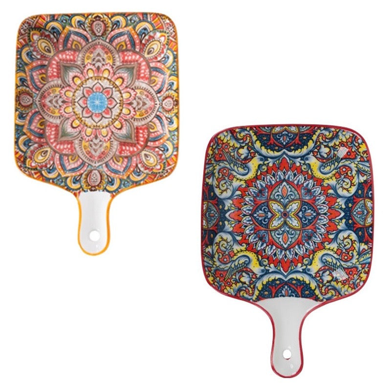 EZYHOME 2Pcs Bohemian Style Creative Serving Platter Ceramic Ins Plate Family Dish Plate Salad Plate with Handle, Plates for Appetizer, Dessert, Pasta, Ice Cream, Microwave and Oven & Dishwasher Safe