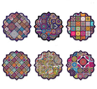 EZYHOME Coaster for Drinks Set of 6, Vintage Ottoman Flower Mexican Mandala Ceramic Stone Mat, with Cork Base and Metal Holder, Gift for Housewarming Room Bar Decor - kutkutstyle