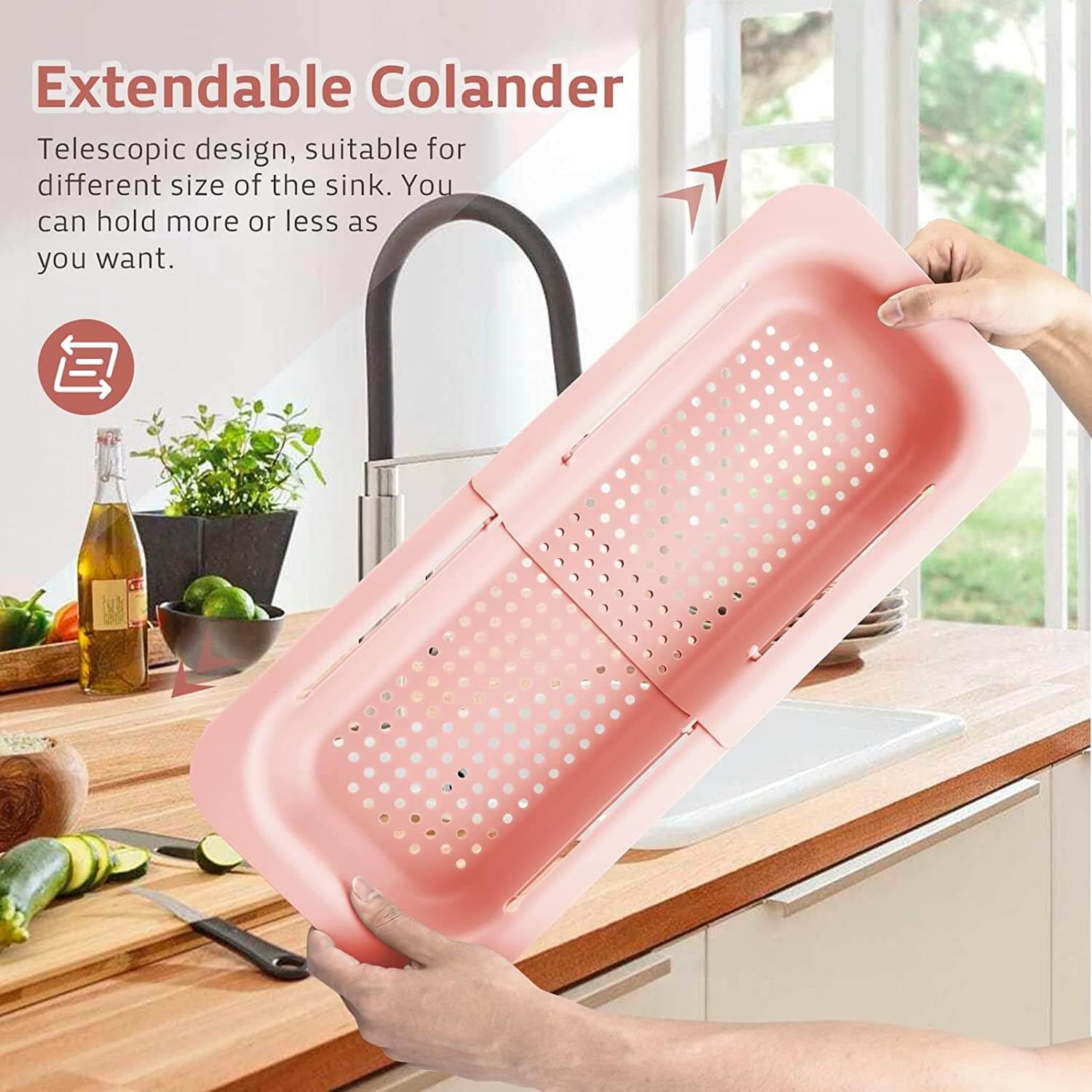 EZYHOME Collapsible Colander Kitchen Extendable Strainer Fruits Vegetables Noodle Pasta Food Drain Basket Space-Saver Portable Drainer Over Sink (7.9 W x 13.5-18.8 L x 2.75 H) - kutkutstyle