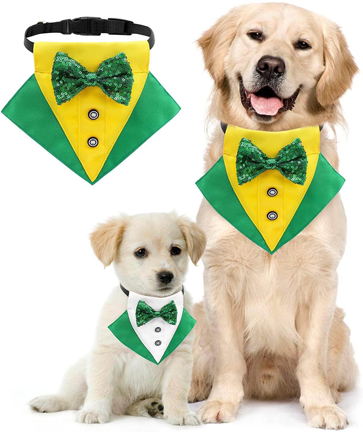 KUTKUT Dog Tuxedo,Pet Yellow Collar Puppy Costume Adjustable Dog Bandana Scarf Doggie Bibs, Irish Lucky Dress-Up Dog Bow Tie with D-Ring for Small Dogs-Bandana-kutkutstyle