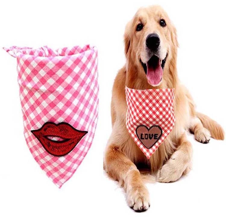 KUTKUT Decorative Valentine Dog Bandana | Sequin Lip Pet Scarf Triangle Bib | Cotton Plaid Scarf with Kiss Pattern | Adjustable Neckerchirf for Valentine Day - kutkutstyle