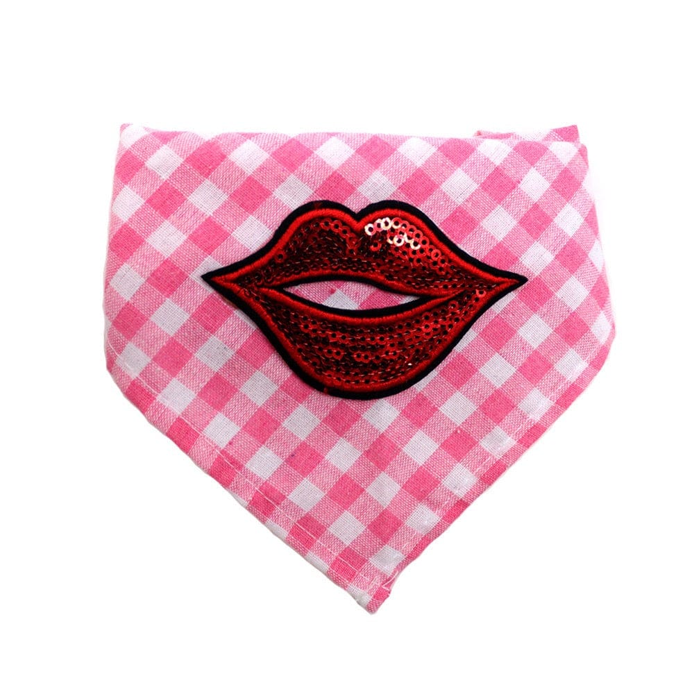 KUTKUT Decorative Valentine Dog Bandana | Sequin Lip Pet Scarf Triangle Bib | Cotton Plaid Scarf with Kiss Pattern | Adjustable Neckerchirf for Valentine Day - kutkutstyle