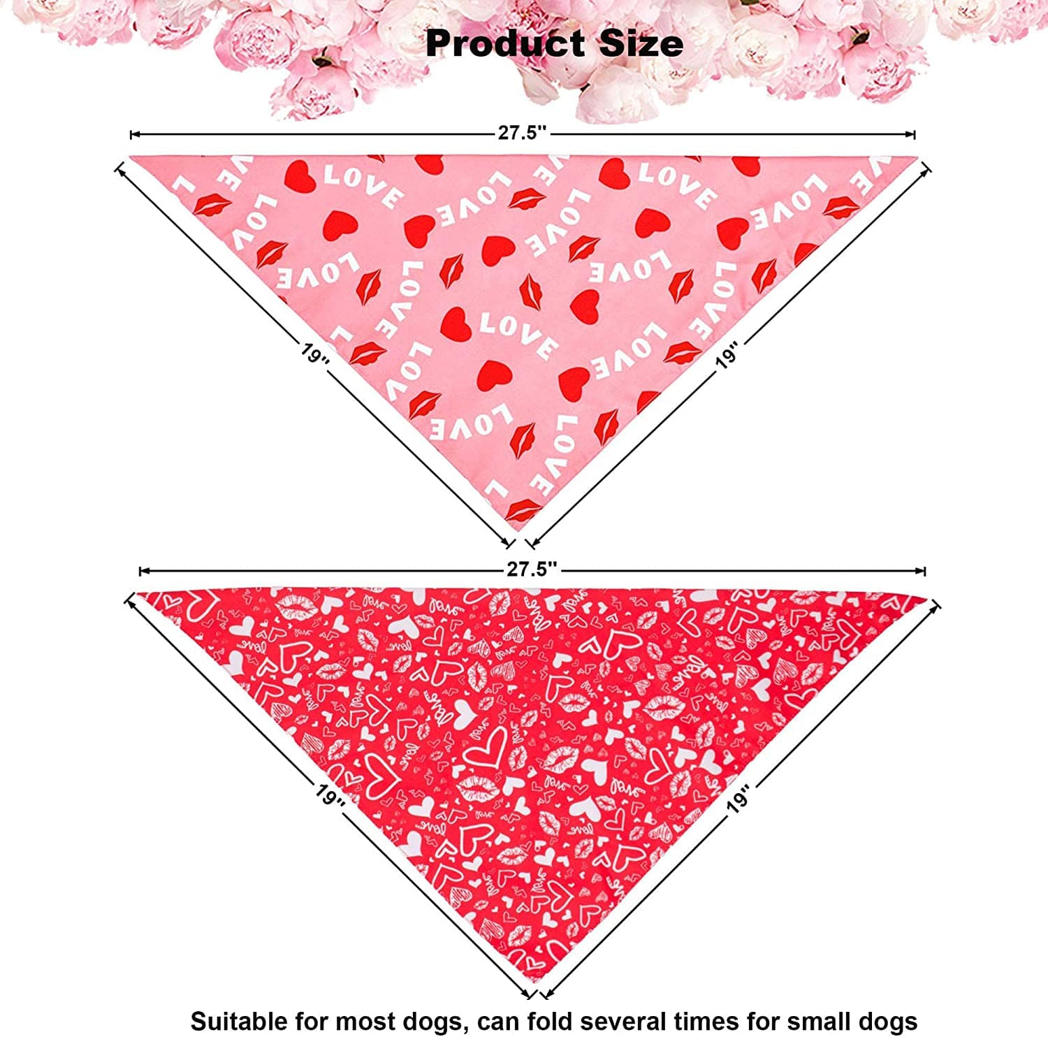 KUTKUT Valentines Day Dog Bandana | Reversible Dog Triangle Scarf | Dog Wedding Bandana Heart Love Print Pet Kerchief Accessories for Large Medium Small Dogs Cats Pets (Size: 70 x 48 x 48 cm)