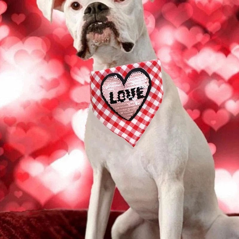 KUTKUT Decorative Dog Bandana | Sequin Heart Pet Scarf Triangle Bib | Cotton Plaid Scarf with Love Pattern | Adjustable Neckerchirf for Valentine Day - kutkutstyle