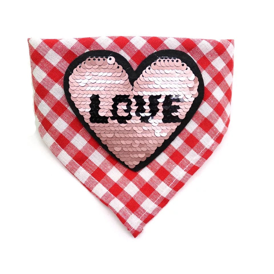 KUTKUT Decorative Dog Bandana | Sequin Heart Pet Scarf Triangle Bib | Cotton Plaid Scarf with Love Pattern | Adjustable Neckerchirf for Valentine Day - kutkutstyle