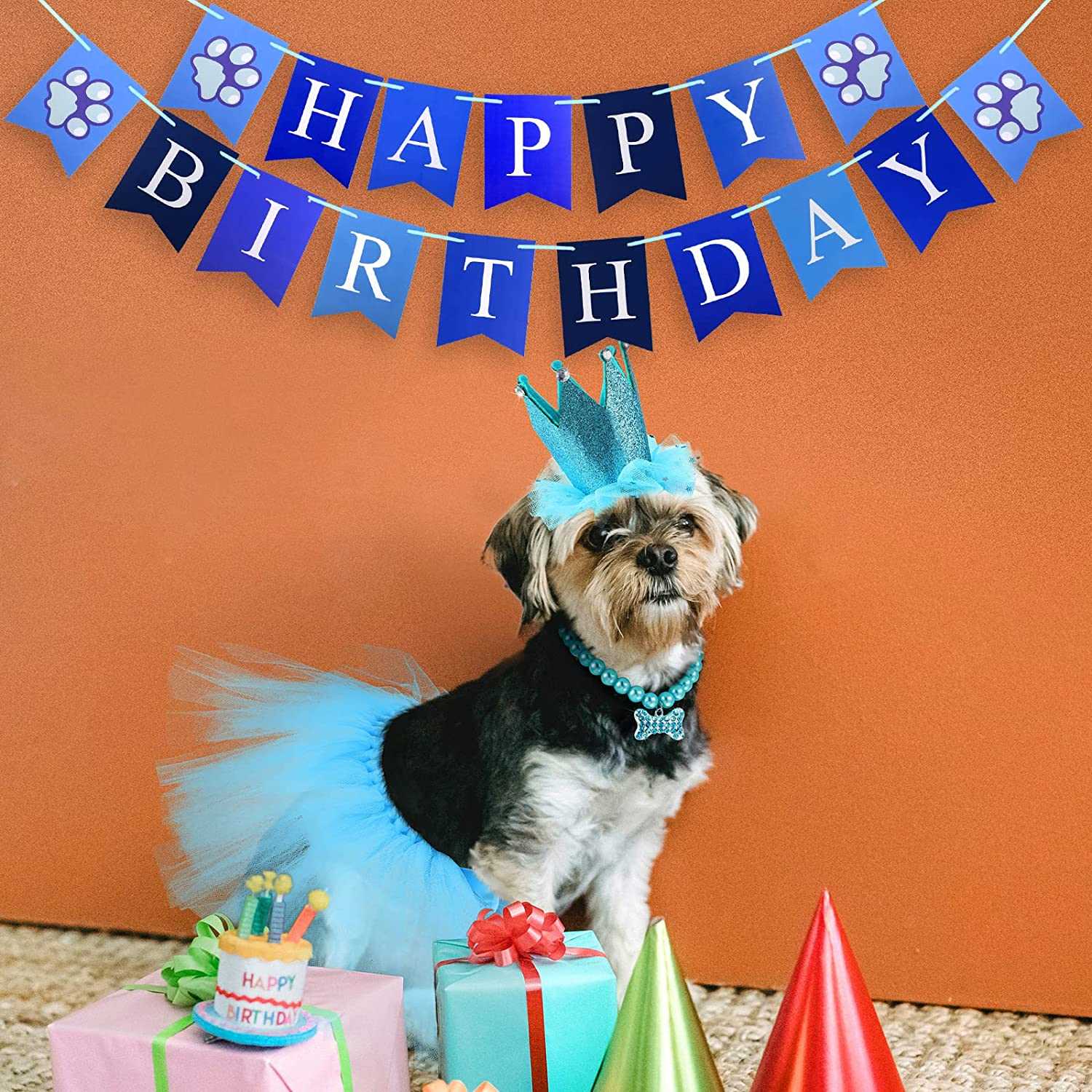 KUTKUT 4 Pieces Cute Dog Birthday Outfit with Pet Tutu Skirt Puppy Pearl Necklace Dog Crown Hat and Happy Birthday Banner for Puppy Dog Pet Cat Girl Birthday Party Supplies (Blue) - kutkutsty