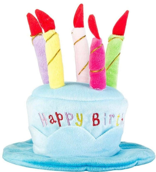 KUTKUT Birthday Party Hats for Pets | Adorable Plush Cartoon Happy Birthday Cake with 5 Colors Candles Shape Adjustable Hat Strip for Dogs Cats Birthday Party Pet Birthday Celebrations (Blue)