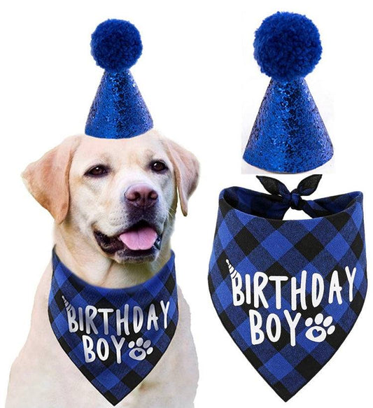 KUTKUT Dog Birthday Bandana Hat Set | Dog Birthday Party Supply | Dog Bandana Boy Girl Birthday Hat Scarf for Small Medium & Large Dog Pet - kutkutstyle