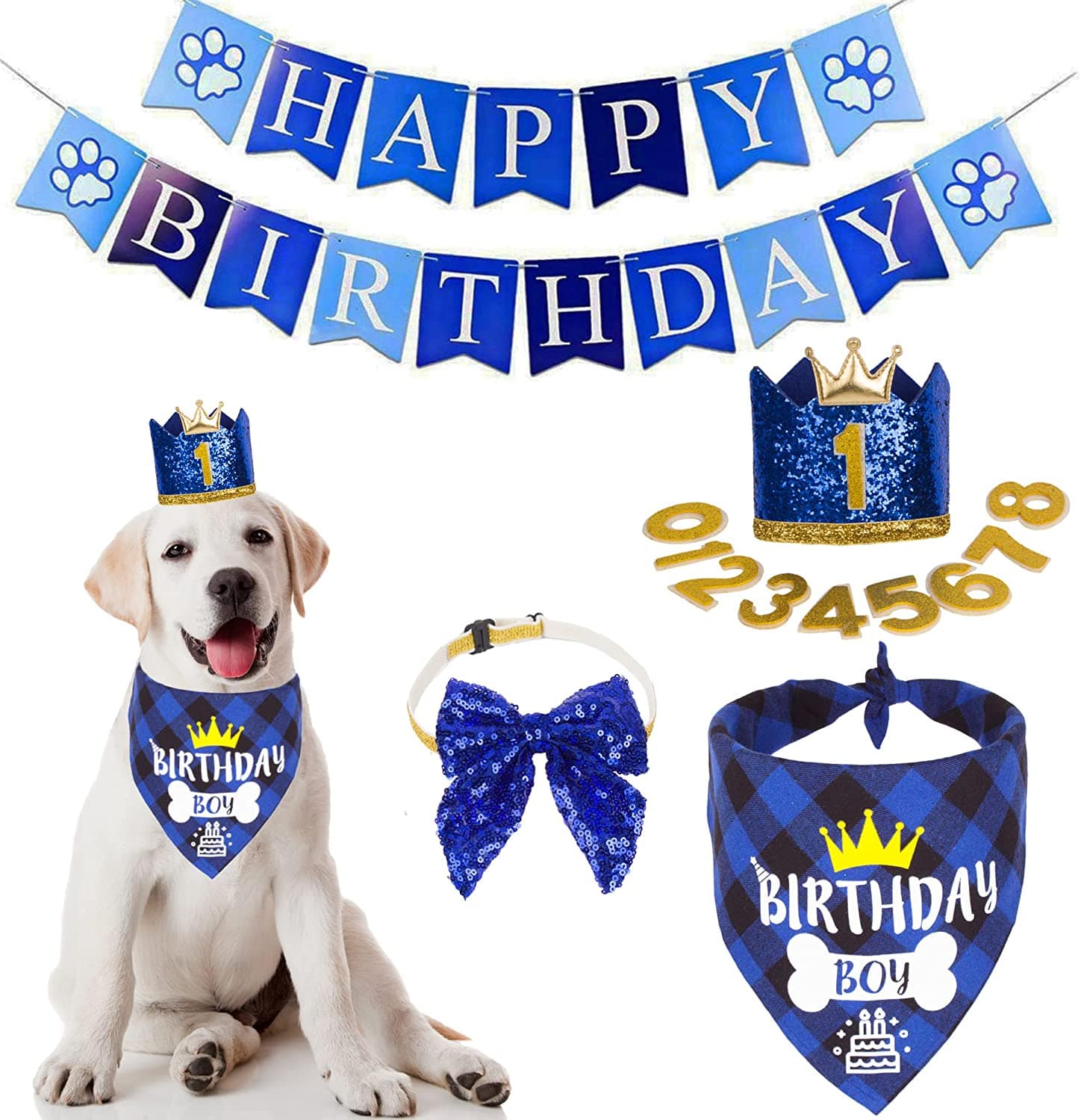 KUTKUT Dog Birthday Hat Bandana - Dog Birthday Party Supplies Birthday Dog Hat with Numbers Dog Scarf Bow and Happy Birthday Banner Set-Birthday Combos-kutkutstyle