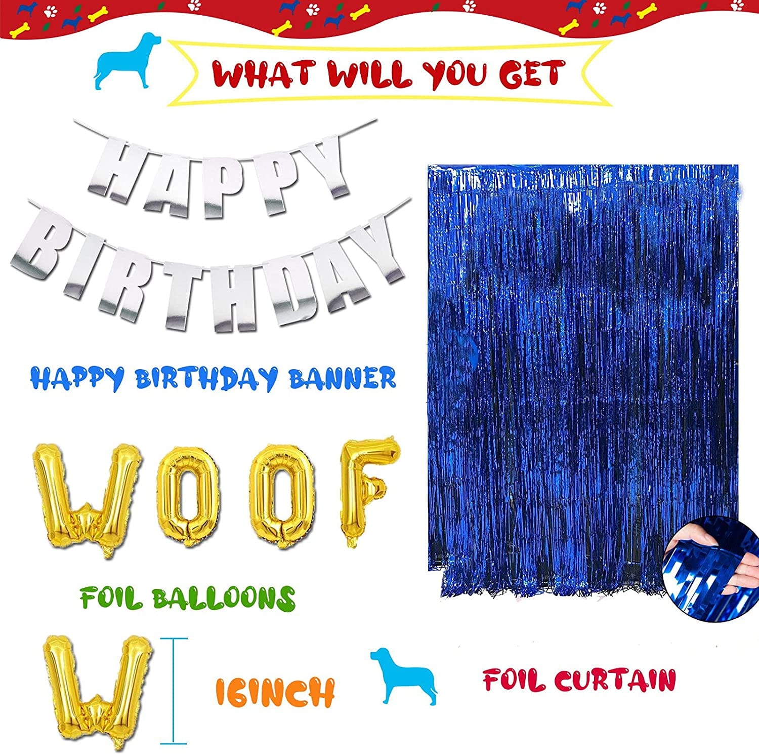 KUTKUT Dog Birthday Party Decorations, Dog Birthday Bandana, Dog Party Hat, Dog Cake Topper, Birthday Banner, Foil Curtain, Tablecloth, Dog Balloons, Dog Card for Dog Party Decorations - kutk