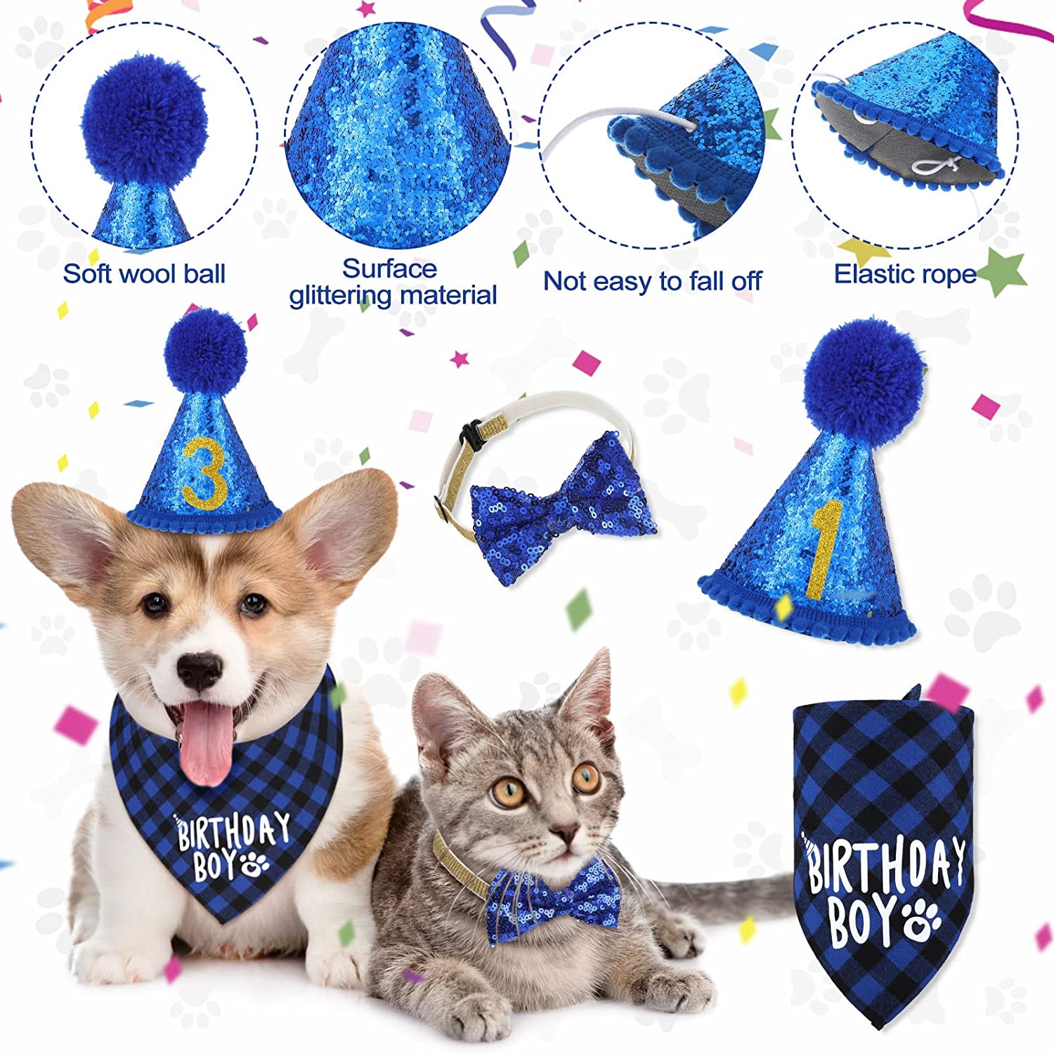 KUTKUT Dog Birthday Party Supplies Birthday Girl Dog Bandana Triangle Scarf Clothes Shirt Cute Dog Hat Dog Bow Tie Collar with 0-8 Numbers for Puppy Dog 1st Birthday Party Outfits - kutkutsty